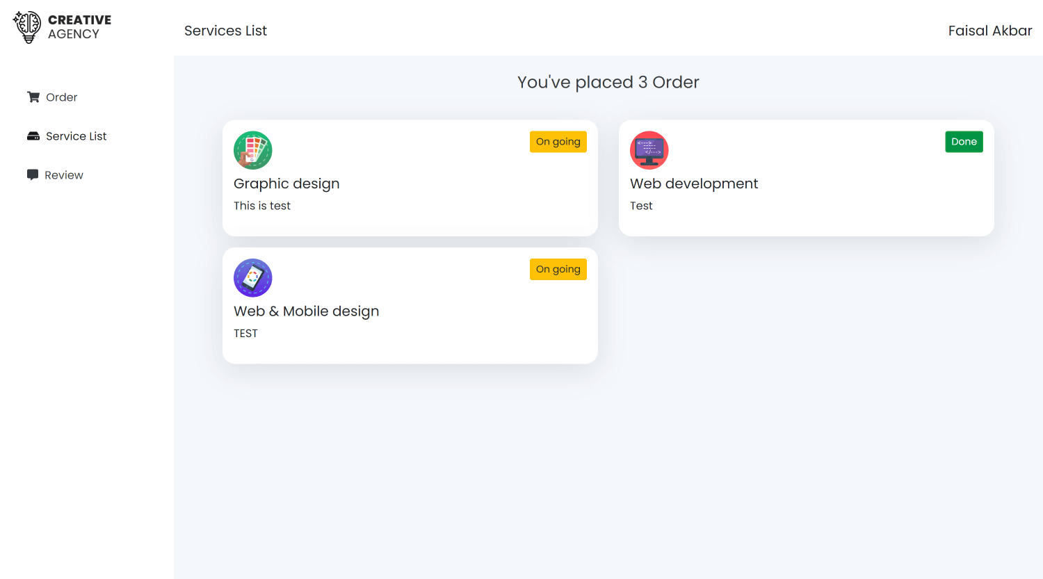 'User Dashboard- Service List